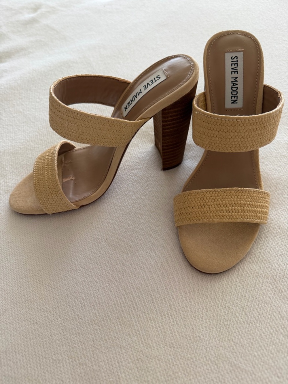 Steve Madden Beige Tan Two-Band Block Heel Sandals